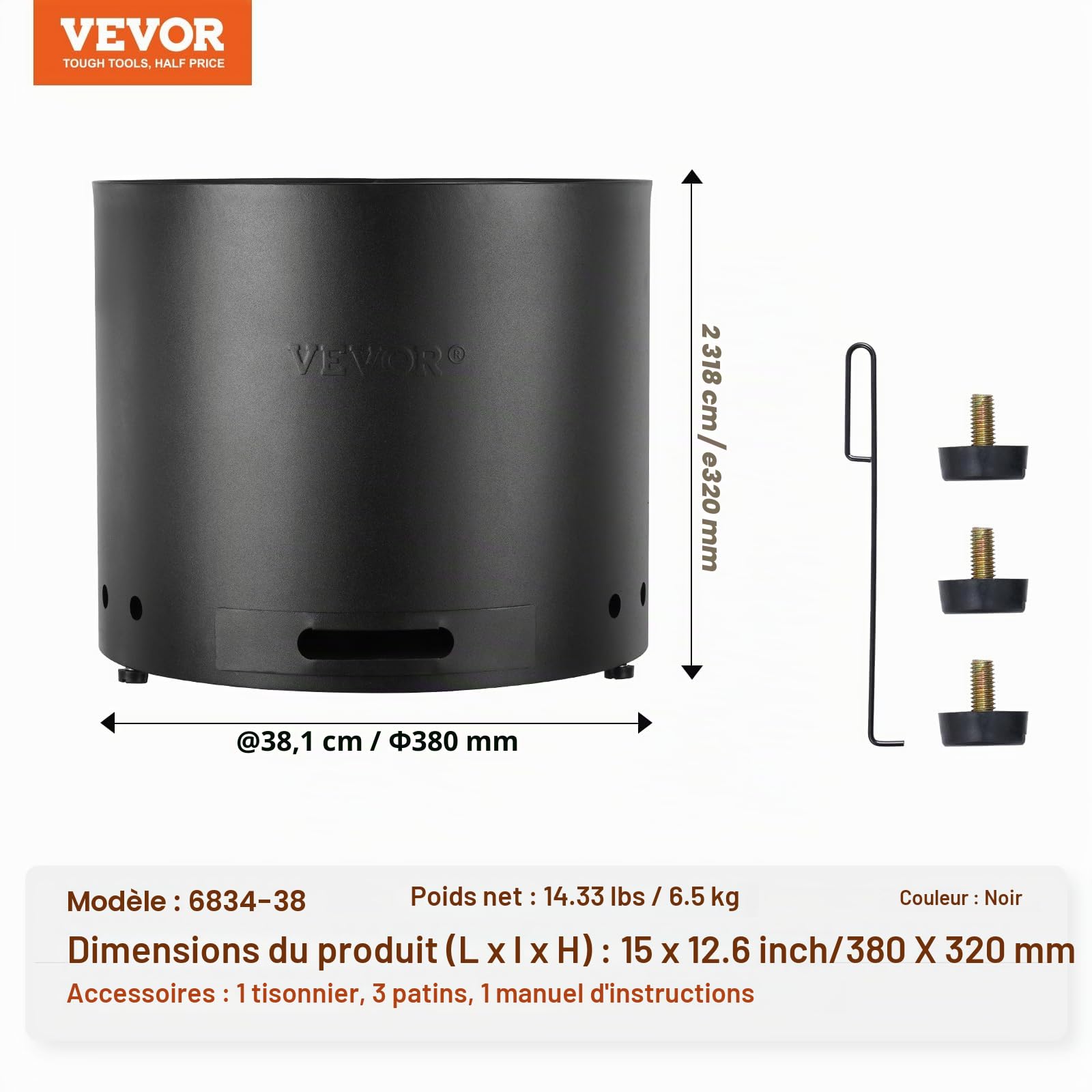 VEVOR Brasero à Bois sans émission de fumée, 380x320 mm, Foyer à feu avec bac à Cendres Amovible, Foyer d'extérieur Portable intérieur en Acier Inoxydable SUS430, pour Camping en terrasse extérieure