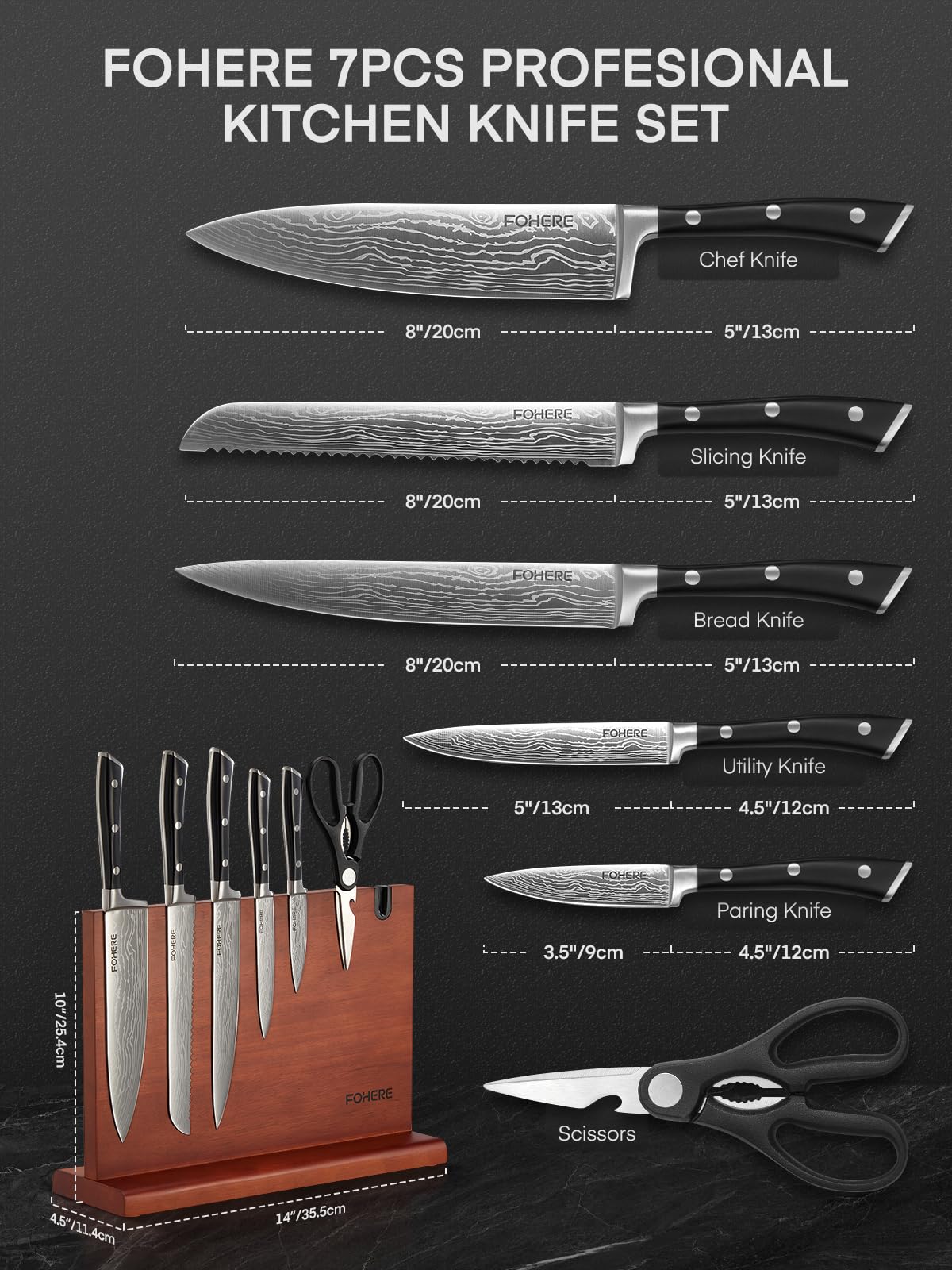 Messerblock mit Messer, FOHERE 7-teilig Messerset mit Magnetischem Messerblock und Schärfer, Edelstahl Messerset mit Holzblock, Profi Kuchenmesserset mit Brotmesser, Kochmesser und Schere