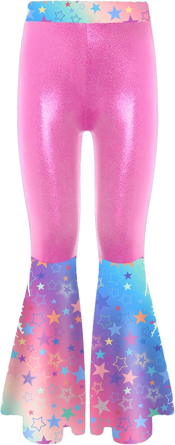 ACSUSS Kids Girls Flare Leggings Shiny Bell-Bottom Trousers Hippie Costume Retro 70s Disco Dance Pants