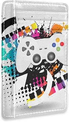 Colorful Gamepad Art on White Slim Minimalist Wallet, Front Pocket RFID Blocking Leather Credit Card Holder, Case Protector Covers for Men Women