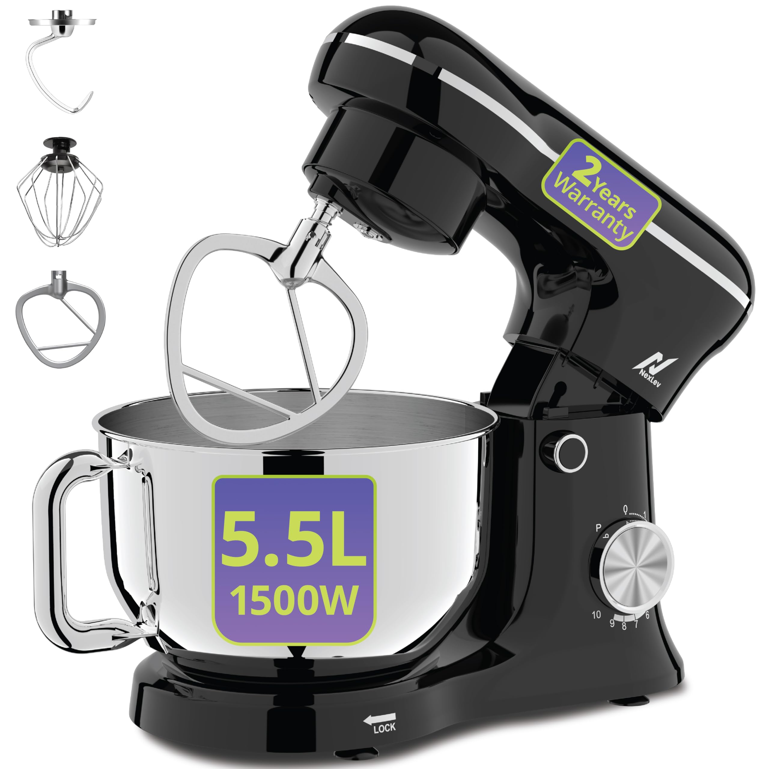 NexLev Stand Mixer |5.5L SS Bowl | 1500W |10 Speeds |Pulse Function |Planetary Rotation |Whisk, Beater & Dough Hook|100% Copper Motor | For Roti & Cookie Dough, Cake Making, Whip Cream & more |ST-01