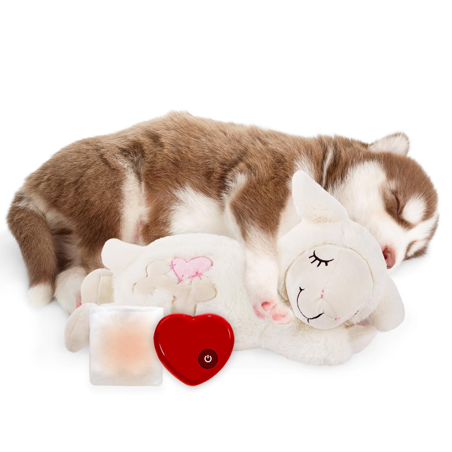 All for Paws Welpen-Herzschlag-Spielzeug, Plüschtier mit Herzschlag, Kuschelschaf zur Trennung, Angstlinderung, Verhaltenshilfe für Haustiere, Stofftiere (weißes Schaf mit Herzschlag + warme Tasche)