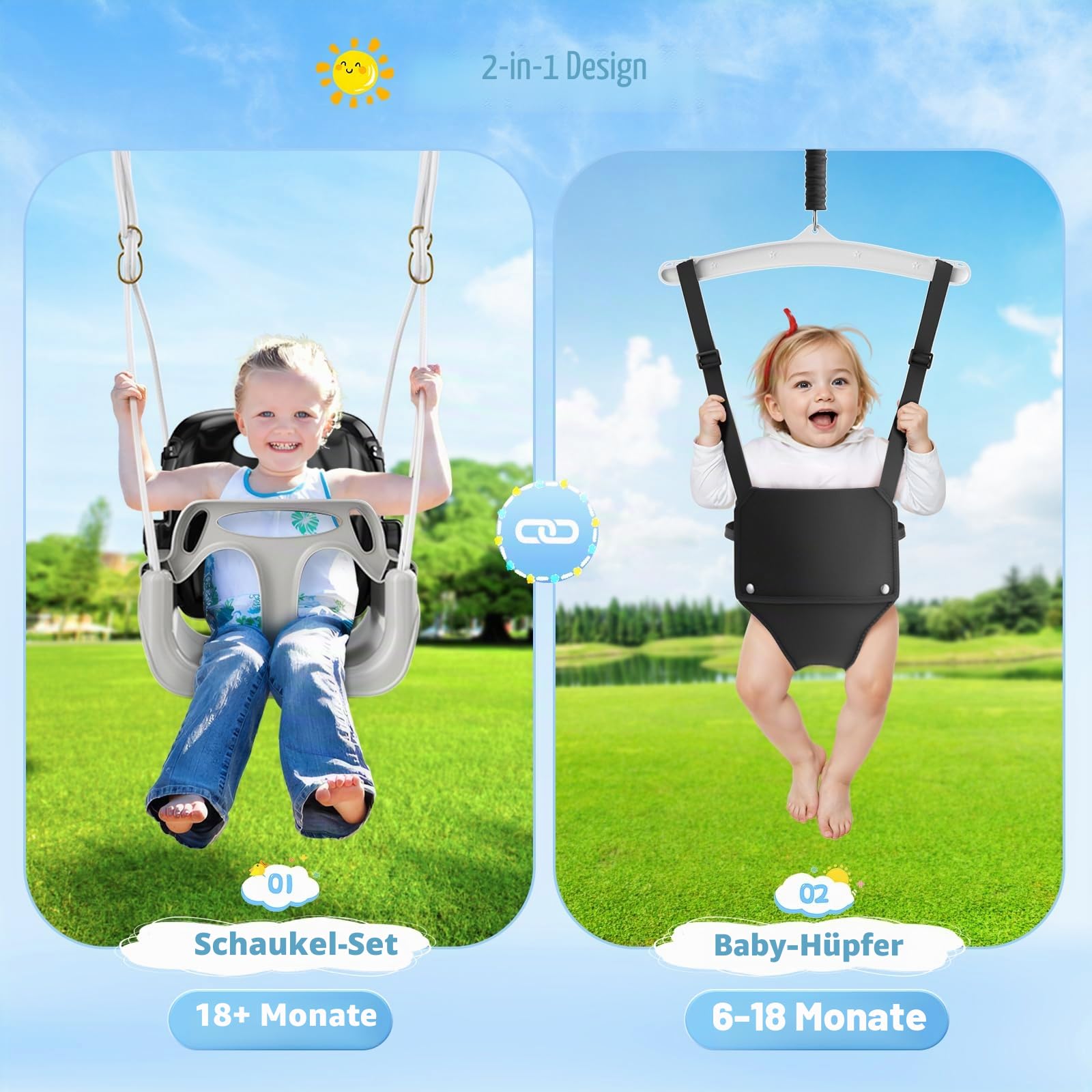 Babyschaukel mit Gestell 2-in-1, Kinderschaukel mit Metallständer Schaukelgestell, Sicherheitsgurt Schaukelsitz für drinnen und draußen Spielen (Schwarz)