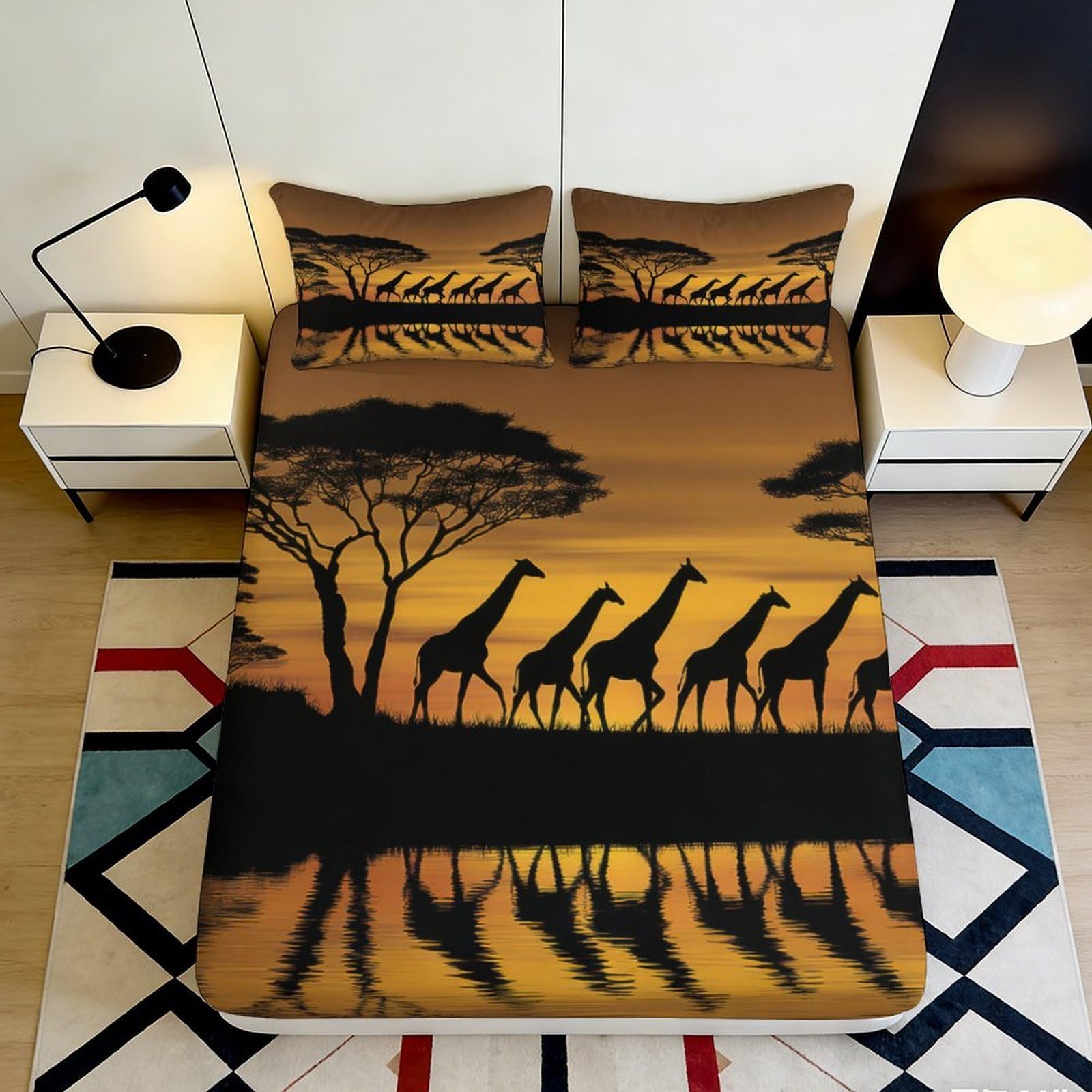 3D Printed African Sunset Fitted Sheet Microfiber Soft Breathable Giraffe Silhouette Mattress Cover for Bedroom Guest Room Decor 90x200x25cm