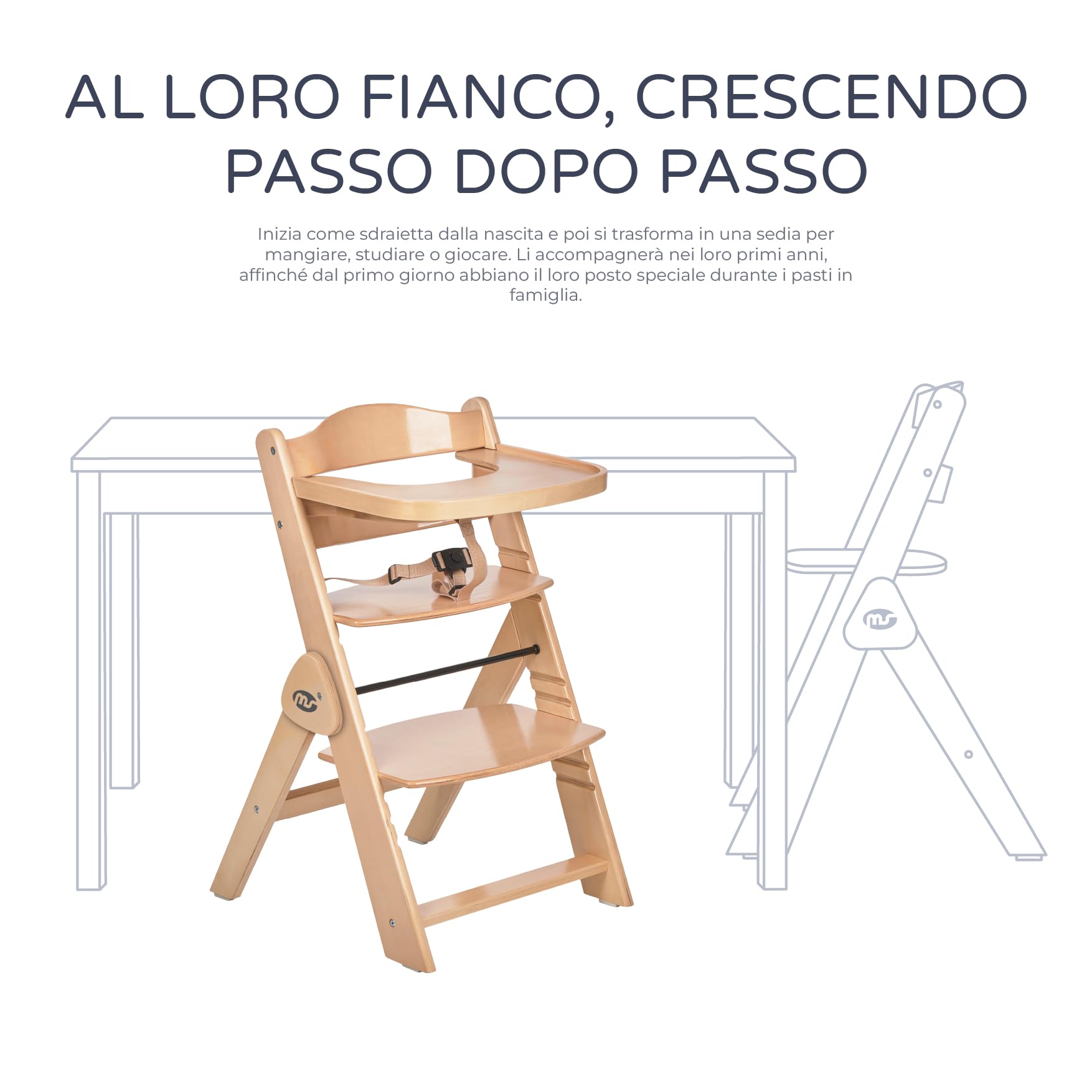 Ms BabyWorld Seggiolone PIEGHEVOLE Full per bambini in legno, completamente pieghevole, evolutivo, seggiolone, ergonomico, regolabile, sicuro,
