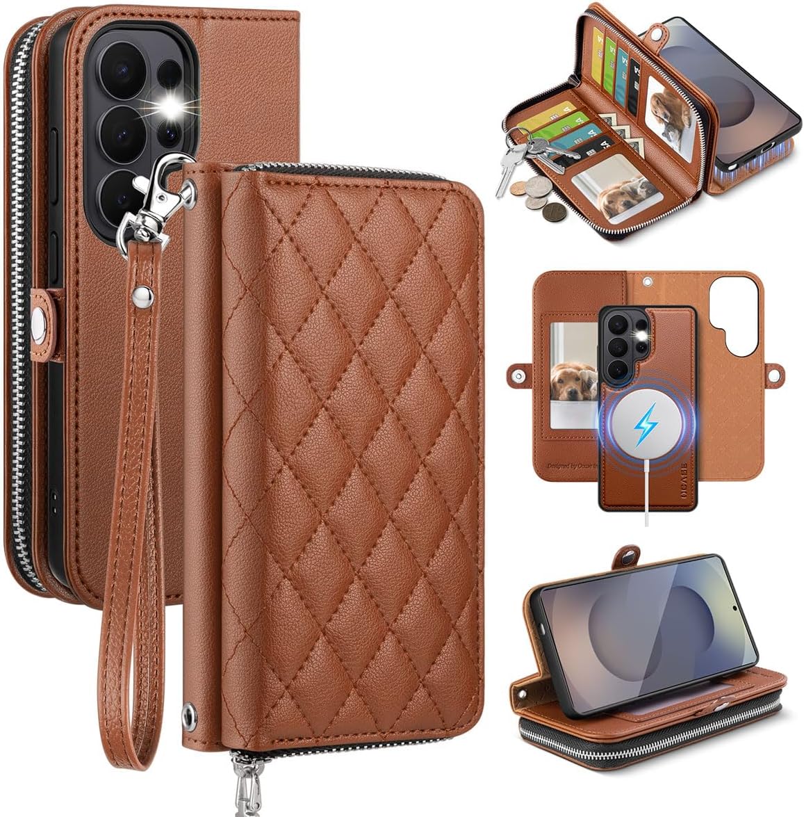 OCASE for Samsung Galaxy S26 Ultra Crossbody Detachable Wallet Case, PU Leather Handbag Phone Purse with Zipper Closure, Card Slots & RFID Blocking, Wrist Strap, Lanyard, Kickstand, Khaki