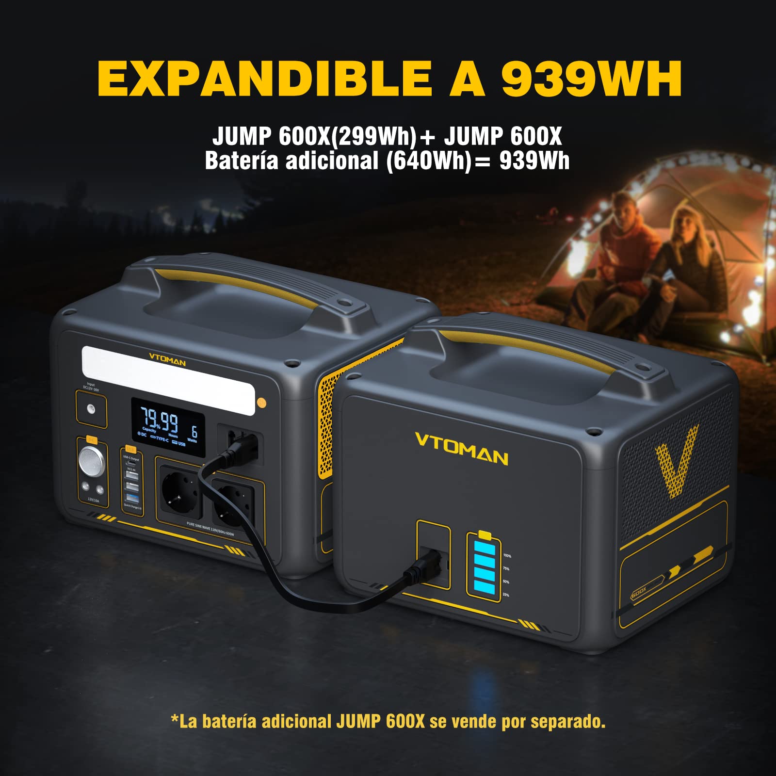 VTOMAN Jump 600X Estación de Energía Portátil, 600W/299Wh | Generador Solar, LiFePO4 Batería, 2 Salidas CC Ajustar de 12V/10A, Capacidad Ampliable a 939Wh, Acampada, Autocaravana, Pesca