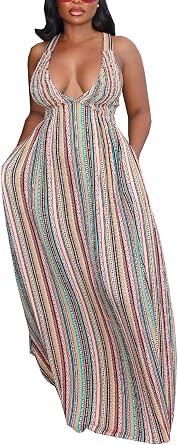 WOKANSE Halter Dresses for Women Sexy Deep V Neck Sleeveless Stripes Back Tie Floor Length Maxi Dress