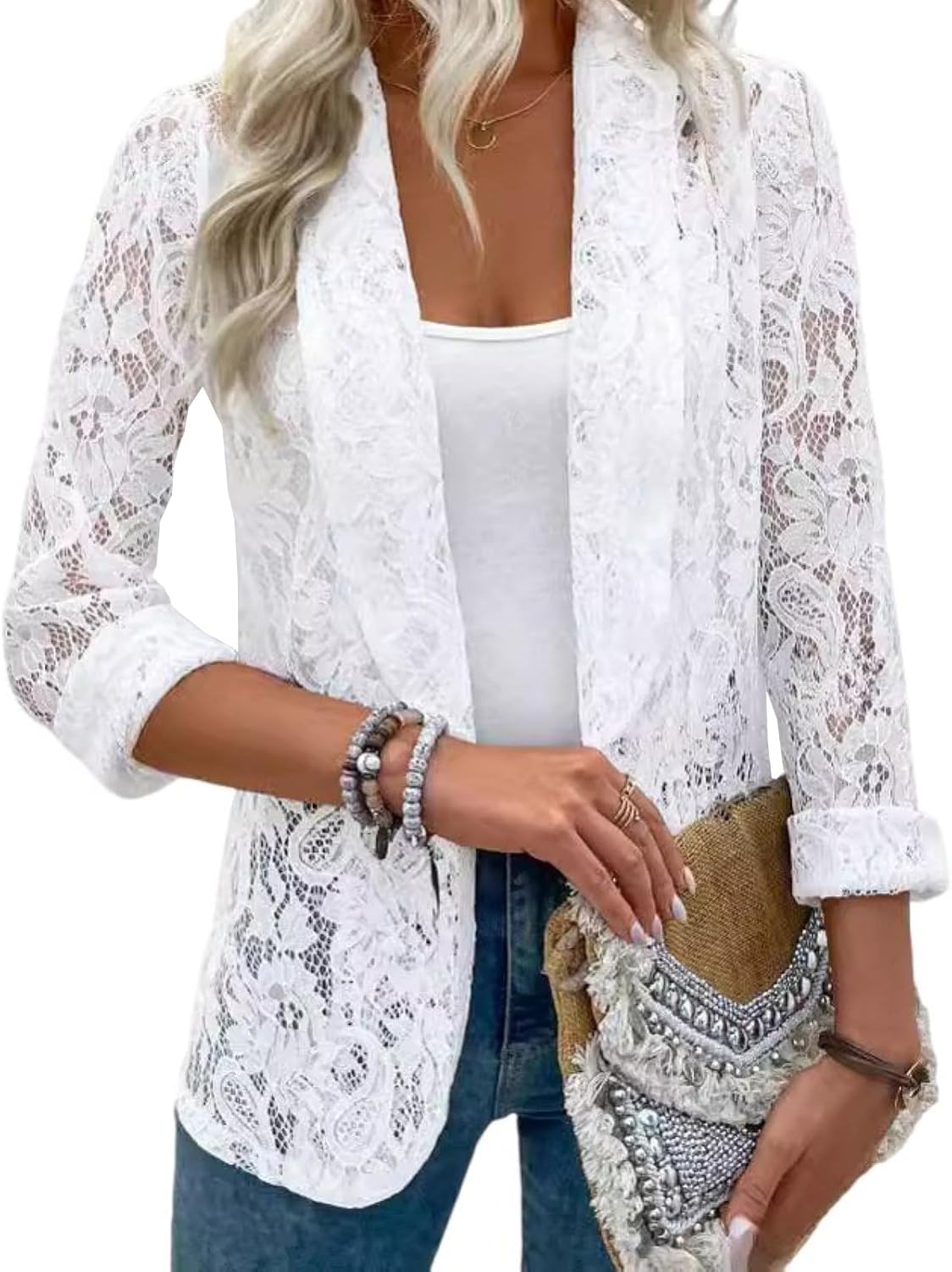 Womens Casual Blazers Lace Mesh See Through Open Front Work Office Elegant Business Jackets Tops