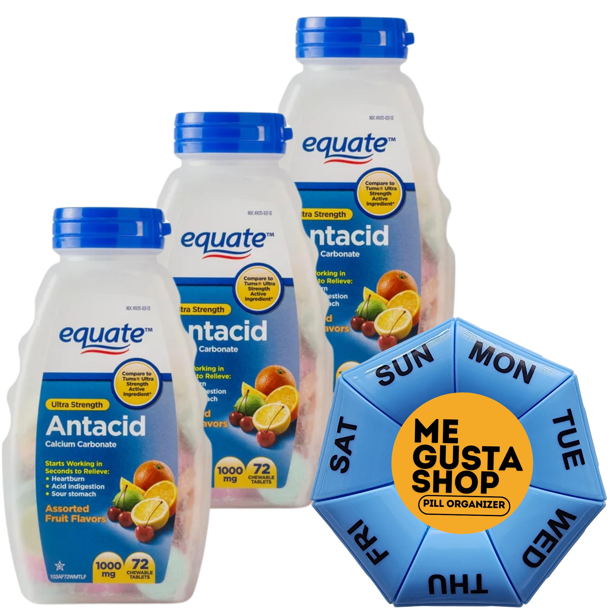Equate Ultra Strength Antacid Chewable Fruit Tablets,1000 mg, 72 Ct Pack of 03, 216 Total Includes Pill Organizer