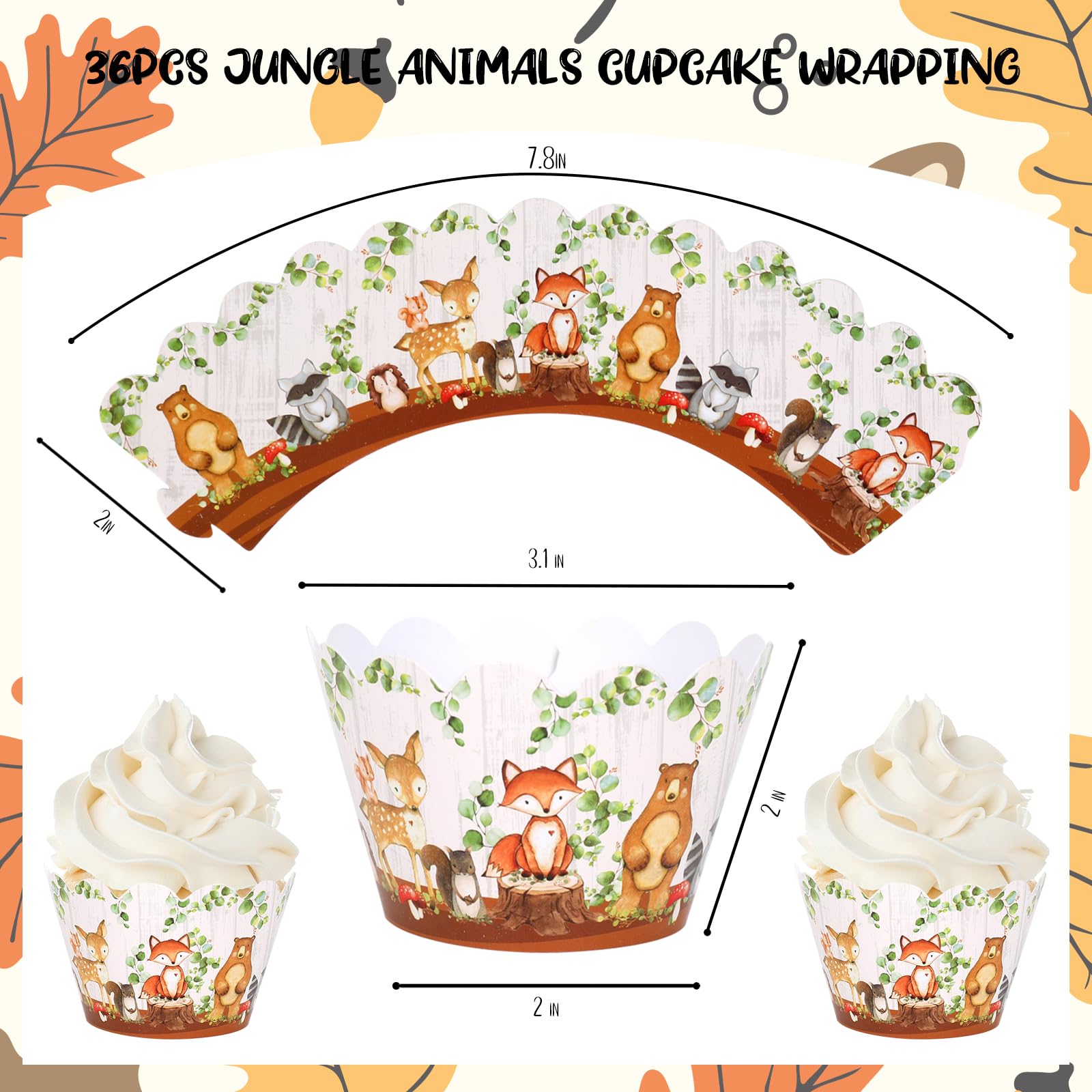Whaline 36Pcs Woodland Creatures Cupcake Wrappers Forest Animal Cupcake Liners Cute Paper Baking Cup Decorative Cupcake Holders for Birthday Baby Shower Party Cake Decorations
