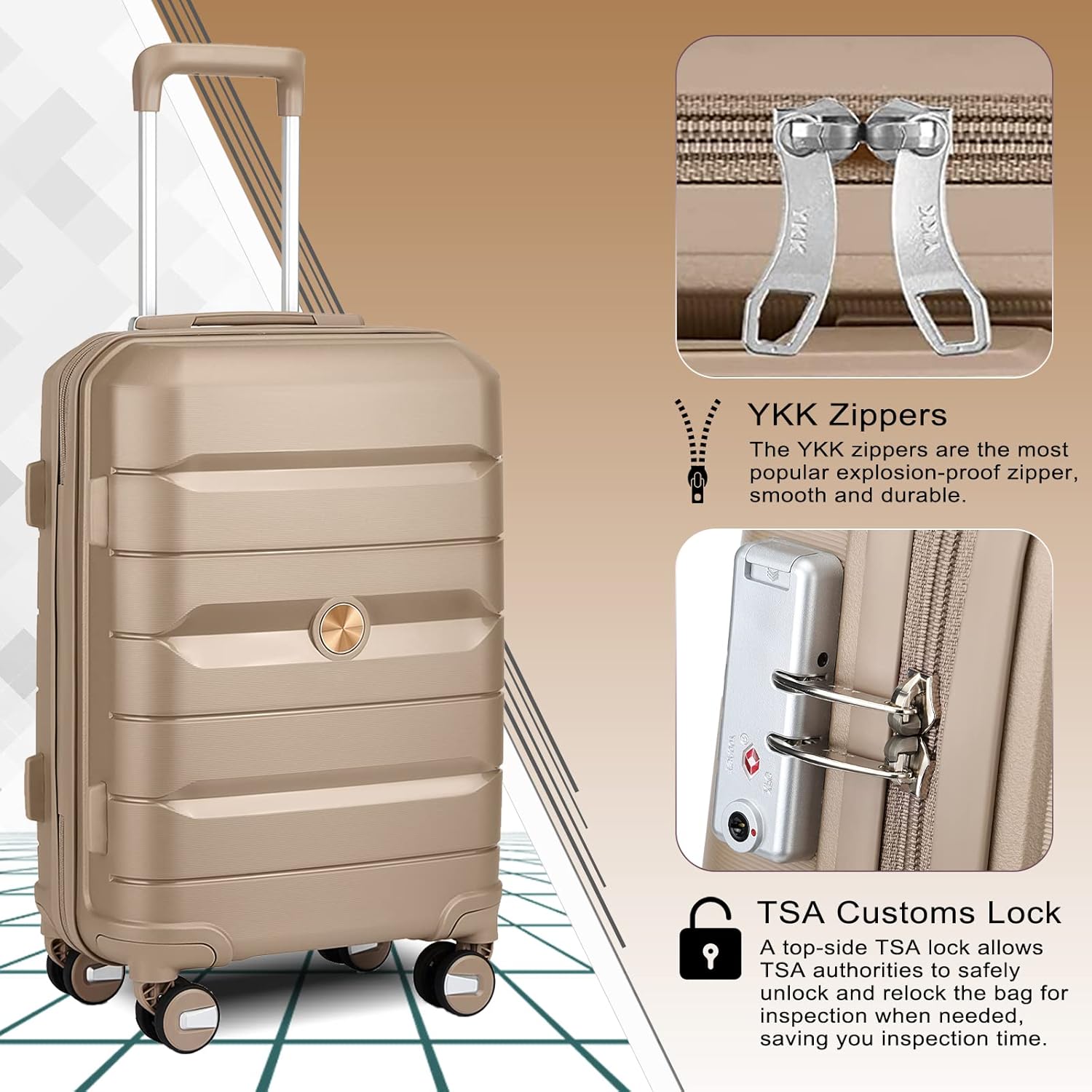 Somago 3 Pieces Luggage Set(14/20/24) PP Lightweight 4 Double 360 Degrees Mute Spinner Wheels Suitcase with TSA Lock & YKK Zipper (Golden)