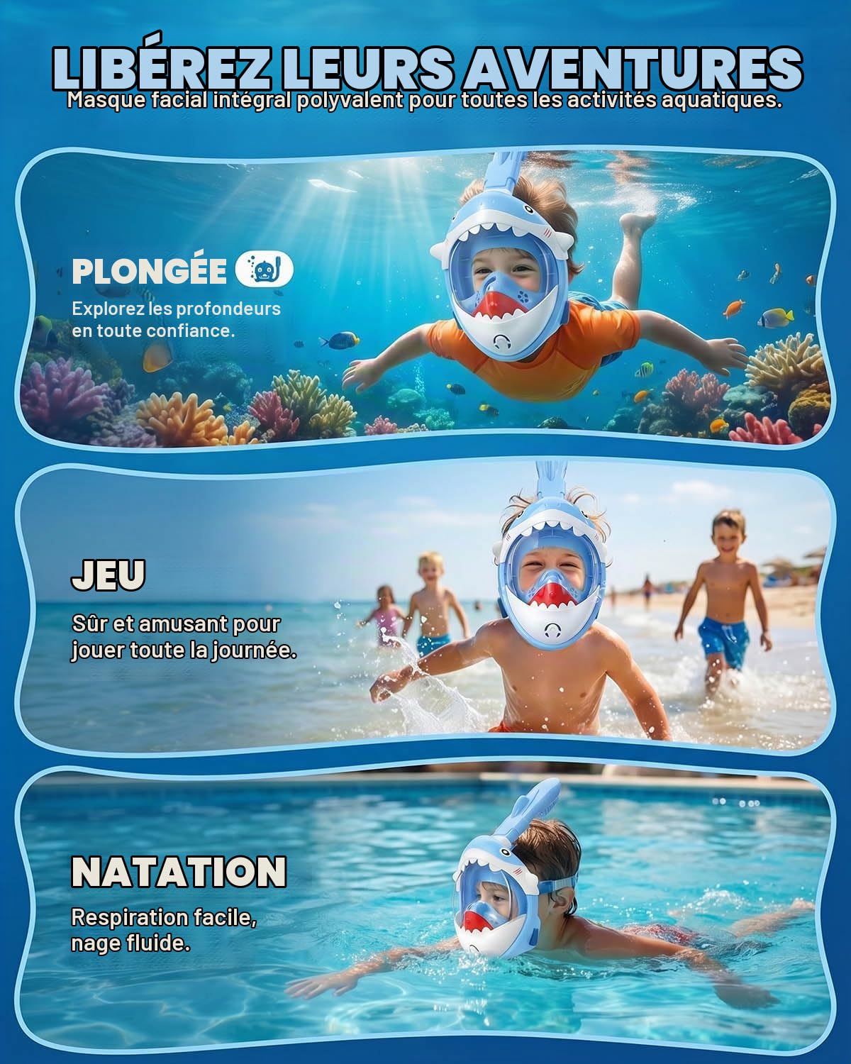 Masque de plongée intégral pour enfants de 5 à 10 ans, vue super haute définition à 180°, anti-buée, anti-fuite et fonction supérieure sèche pour enfants