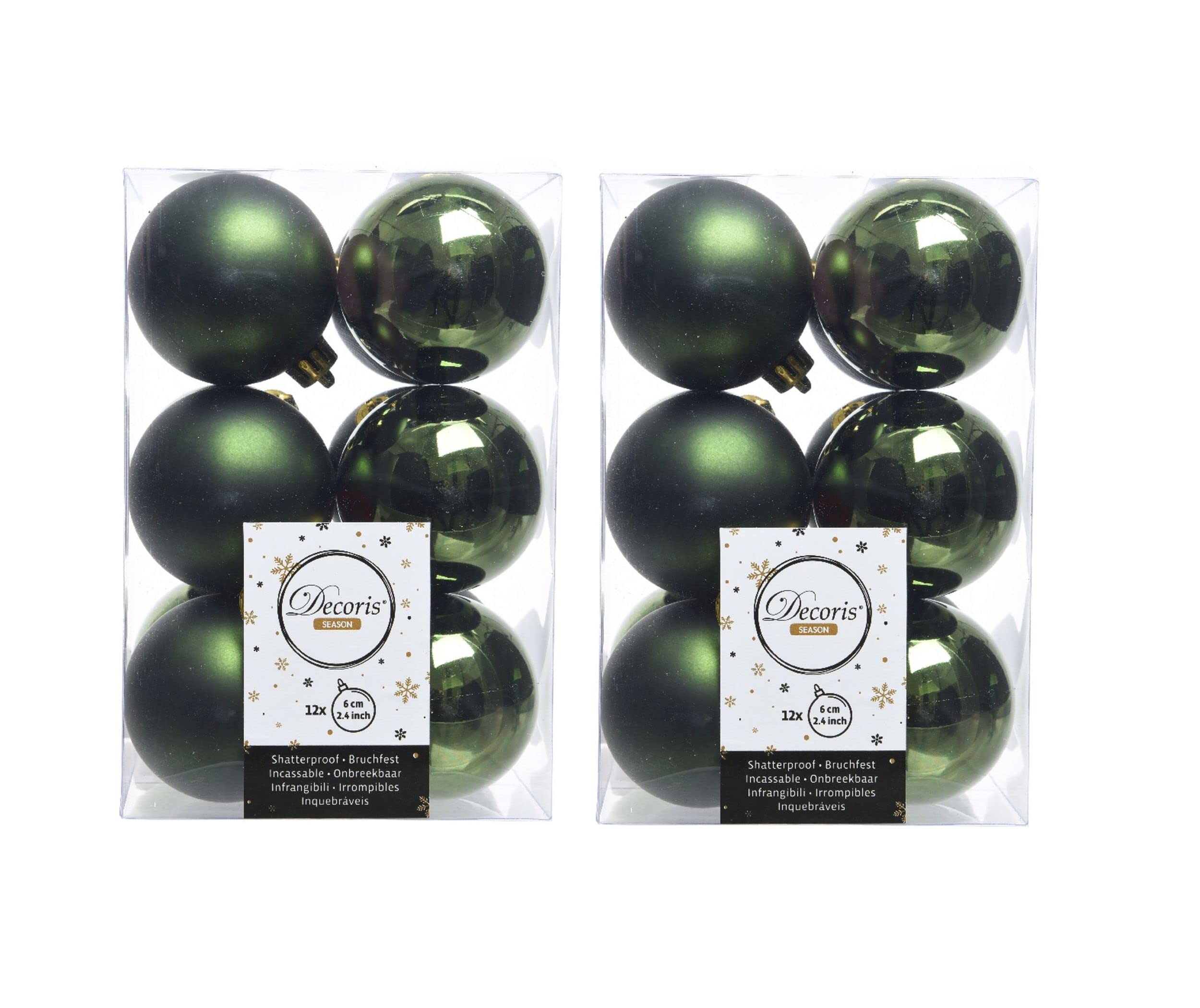 24 Pine Green Christmas Baubles 6cm Shatterproof Tree Ornaments Shiny Matt Decorations