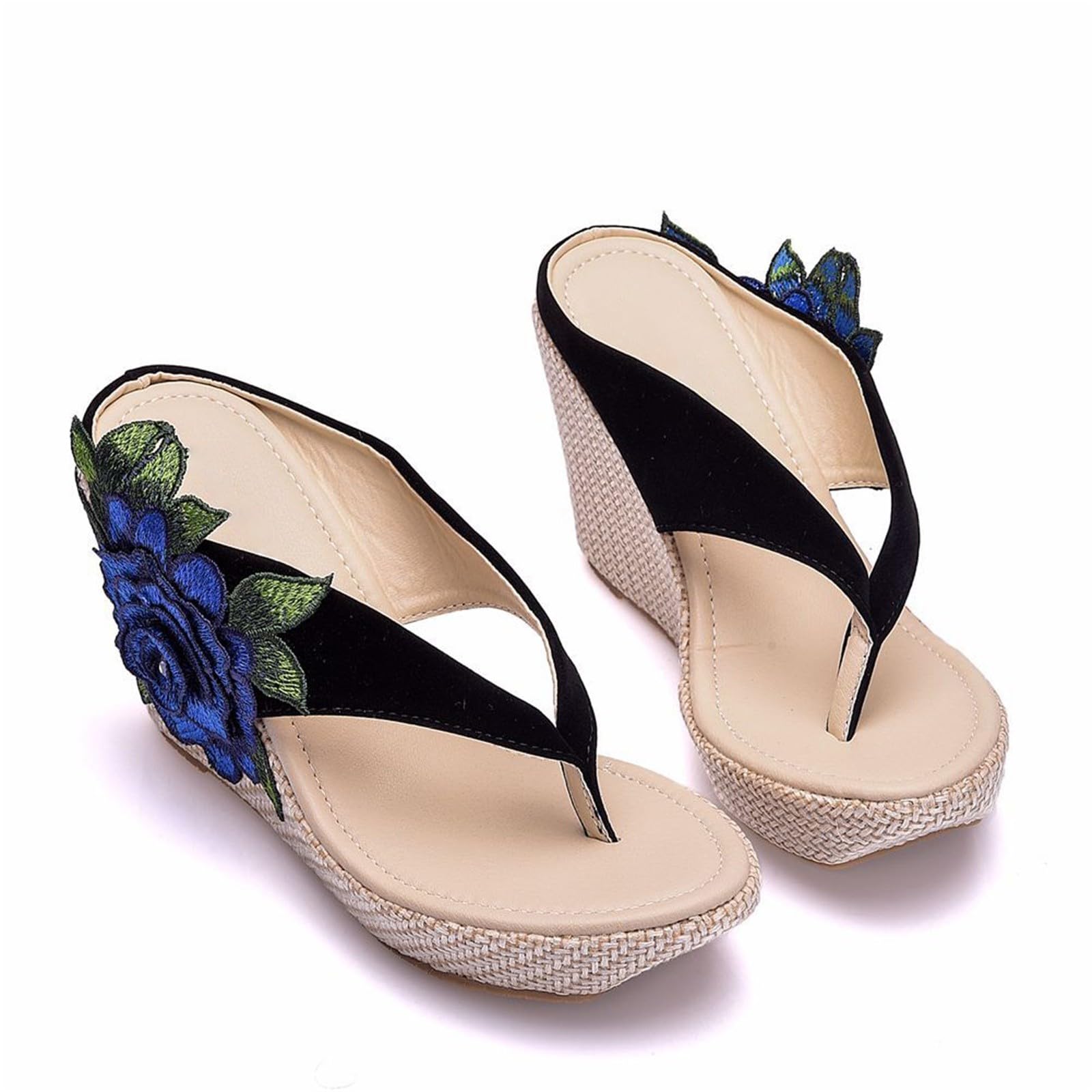 infradito estive da donna alla moda con zeppa ricamata, motivo floreale, ammortizzazione, a tutte le stesse piattaforma, casual, comode, infradito da donna, suola spessa, zeppe, piedi larghi