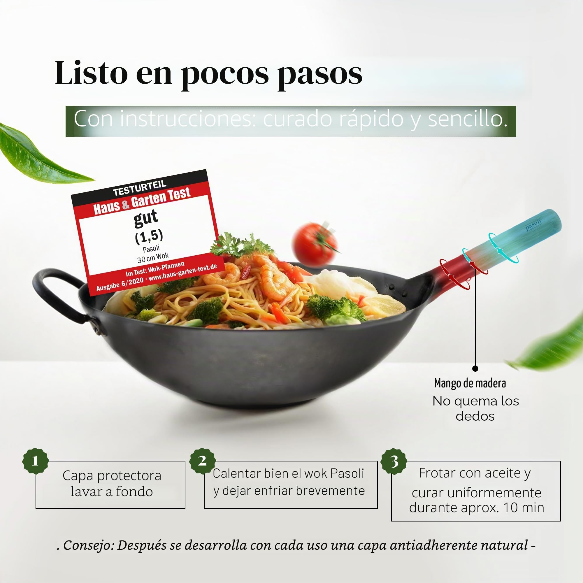pasoli Wok con Base Plana para la Cocina (también de inducción) | 30 cm de diámetro | Tradicional de Acero al Carbono Martillado a Mano, Mango de Madera | Capa Antiadherente Natural