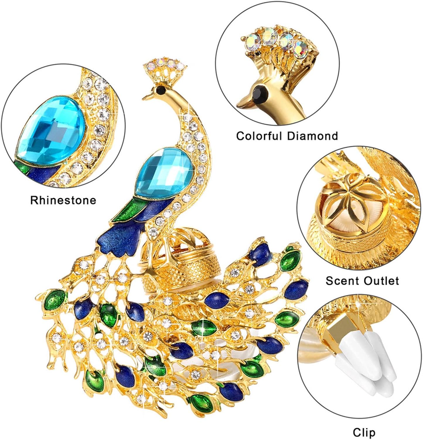 Peacock Car Accessories Car Aromatherapy Essential Oil Diffuser Diamond Locket with Vent Clip and Best Home Decoration Car Decoration Without Oil, AMind