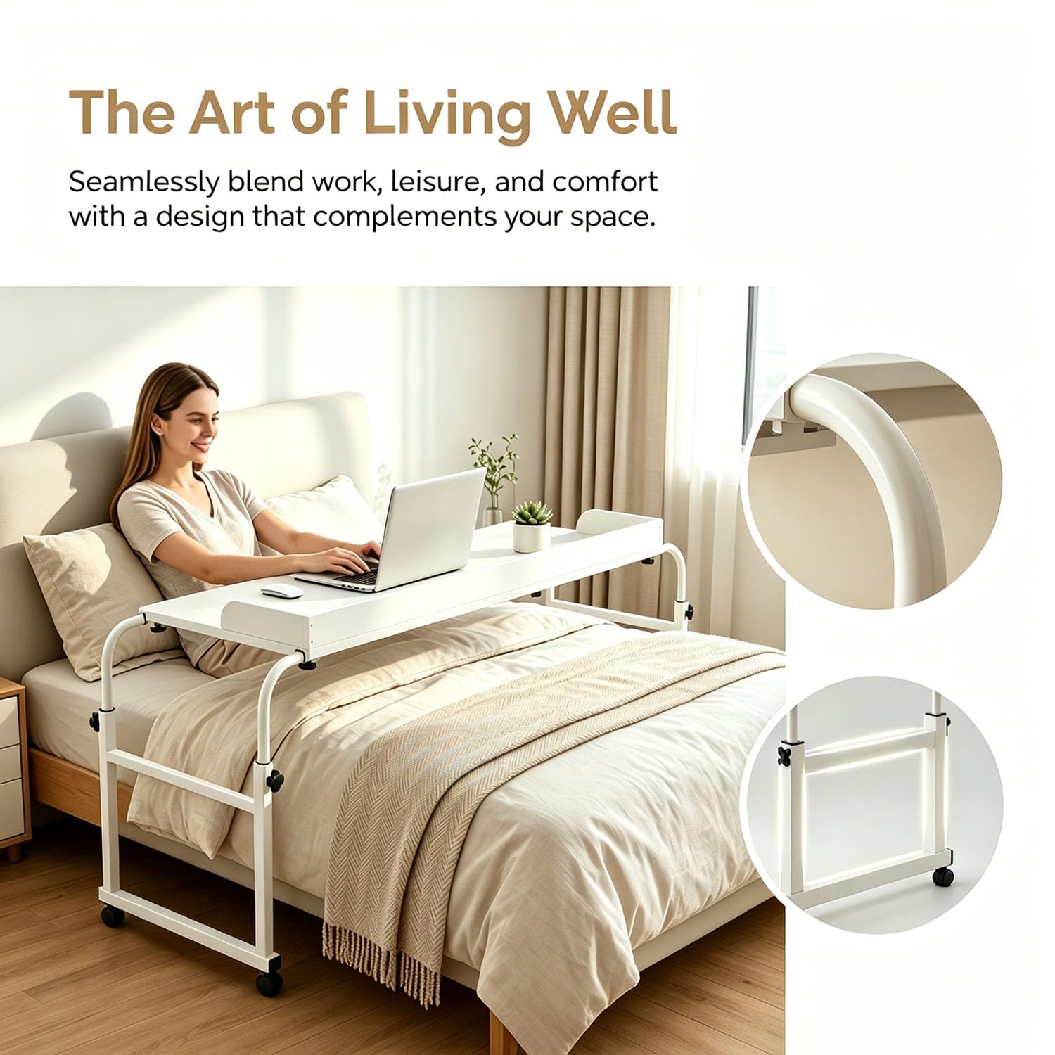 Mesa sobre Cama Regulable Altura Ruedas Portátil Ordenador | Ruedas con Bloqueo, Tope Anticaída, Superficie de Madera y Estructura Metálica; Perfecta para Trabajar o Comer en la Cama