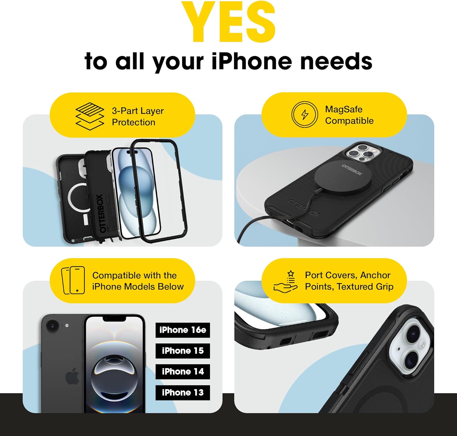 OtterBox Defender MagSafe Case for iPhone 16e, iPhone 15, iPhone 14, iPhone 13 – 7X Military-Grade Drop Protection, Rugged Grip Texture, Strap Anchors, Port Covers – Non-Retail Packaging – Black