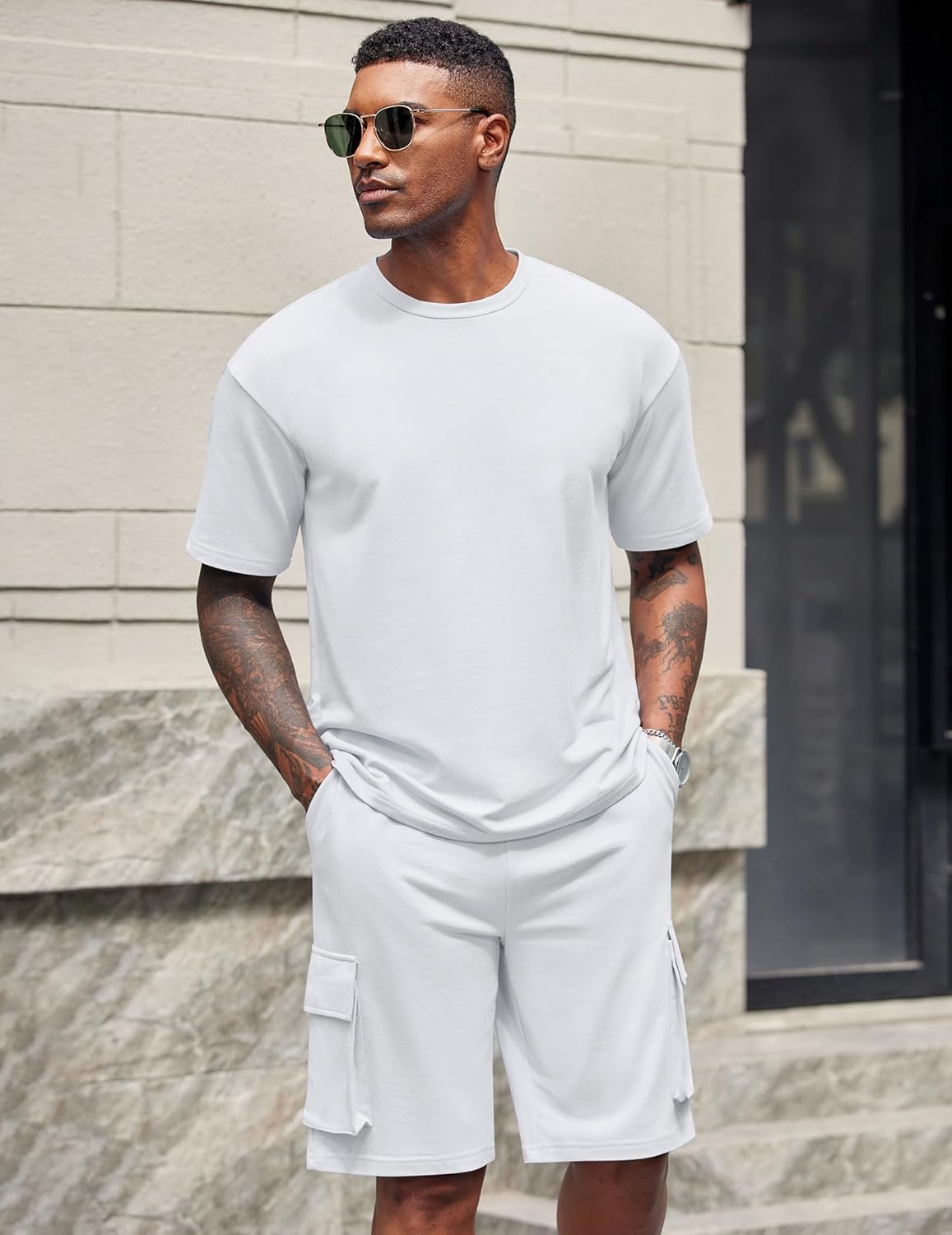 COOFANDY Men's Shirt and Shorts Set 2 Piece Fashion Summer Tracksuits Cotton Oversized T-Shirts Cargo Shorts Outfits - Image 2