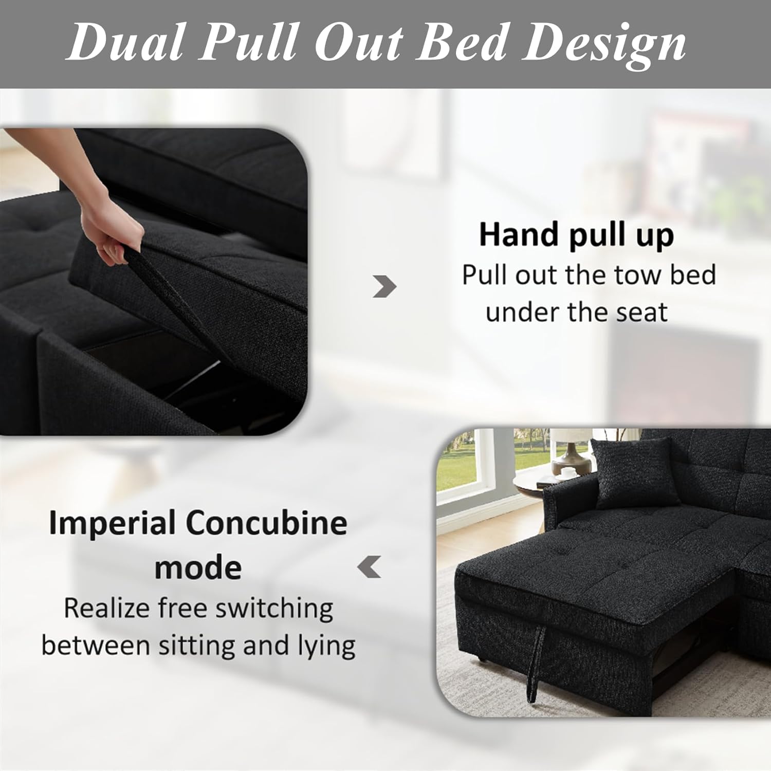 King Size Pull Out Sofa Bed, 4-in-1 Convertible Sofa Bed Couch, Chenille 3 Seaters Sofa Sleeper with Dual Pull Out Bed & Adjustable Backrest for Living Room, Black