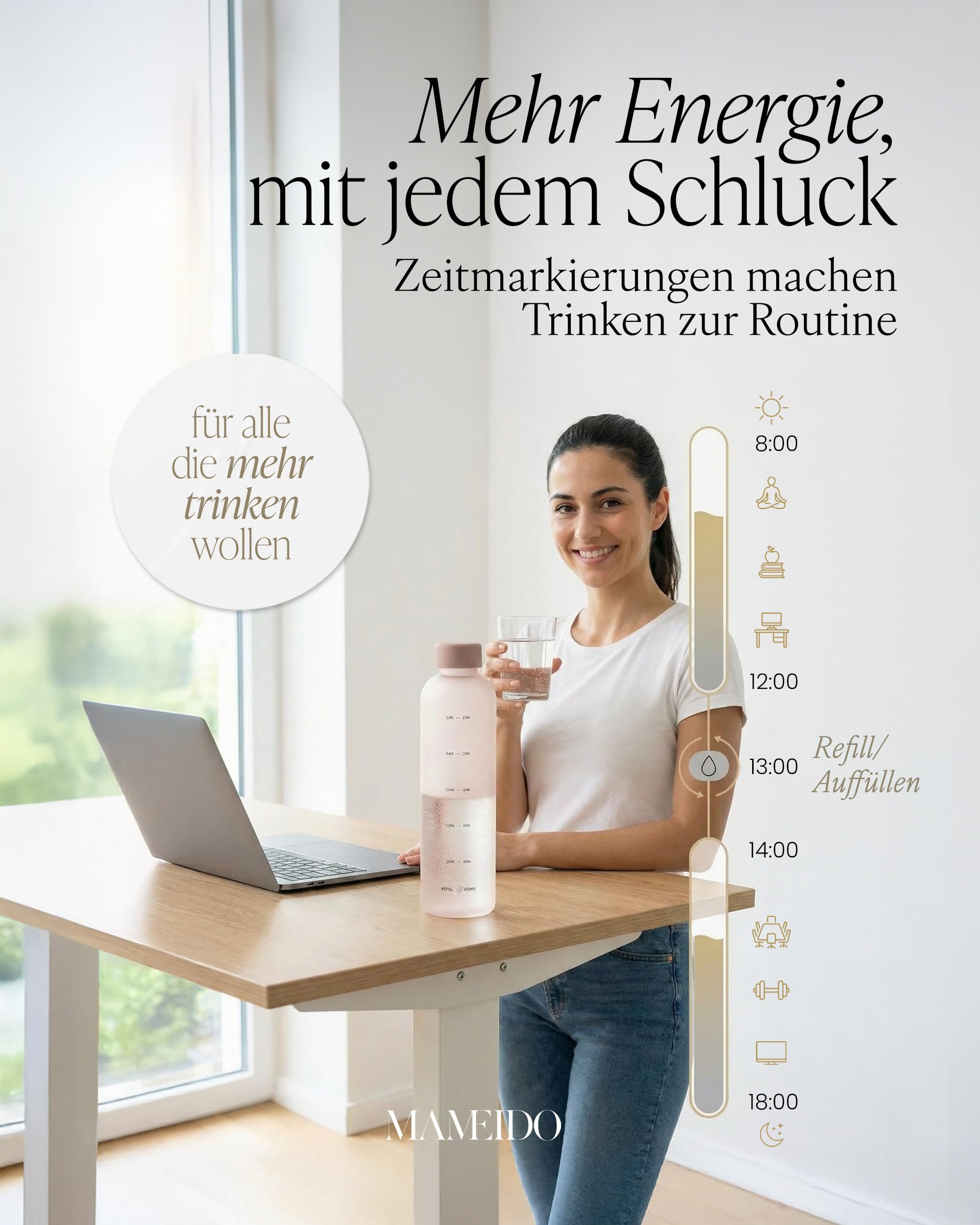 MAMEIDO Trinkflasche mit Zeitmarkierung 1 l (Urban Taupe Gold) | mit abnehmbarer Trageschlaufe, auslaufsicher & Kohlensäure geeignet, BPA-frei, ideal für Sport, Gym & Büro