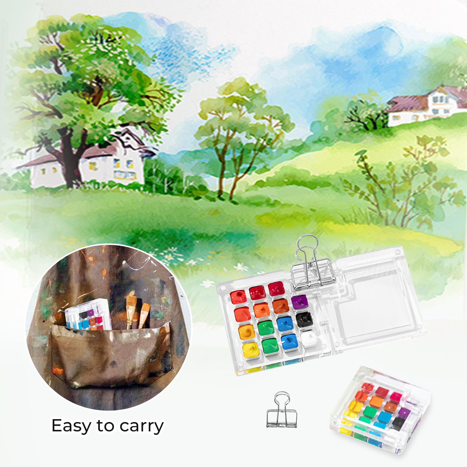 Palette de croquis portable à 15 grilles Mini palette de peinture de voyage pour aquarelle, gouache, peinture acrylique avec clip