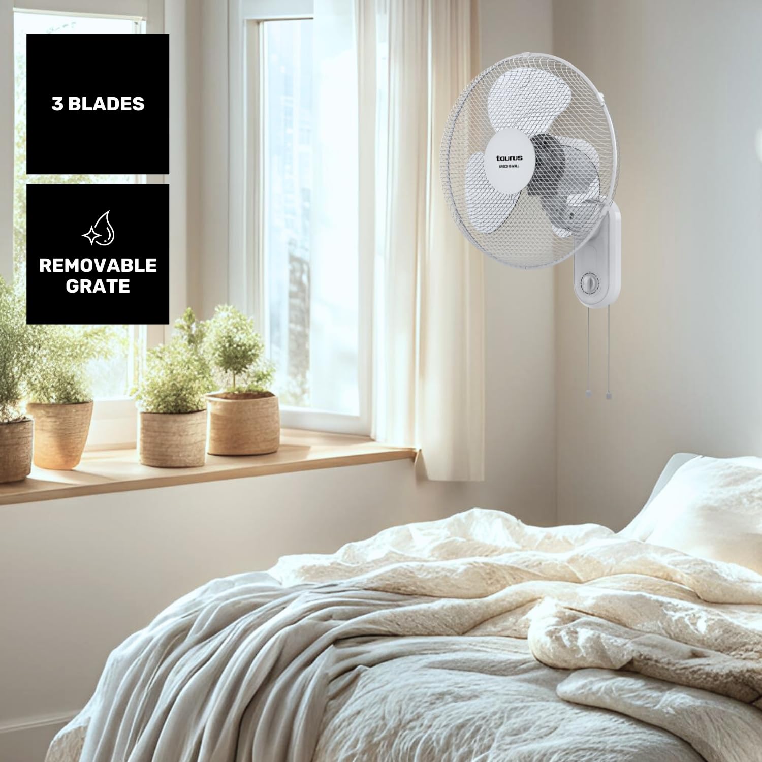 Taurus Greco Wall Ventilateur mural, silencieux, 3 vitesses, variateur de vitesse, oscillant, interrupteur à tirette, grille amovible 45 W, 3 pales