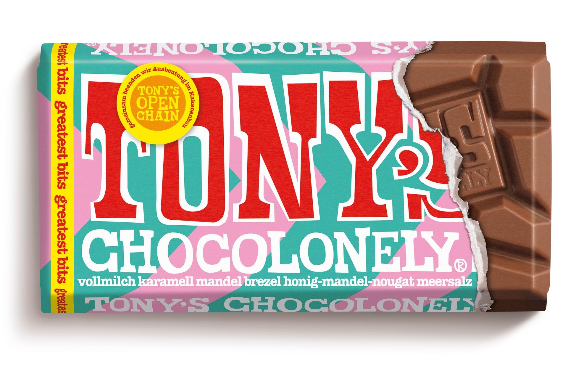 TONY'S CHOCOLONELY – Greatest Bits 90 g - Fairtrade Vollmilchschokolade mit Karamellstückchen, Mandeln, Brezel, Honig-Mandel-Nougat & Meersalz. Ohne Palmöl, hergestellt in Belgien