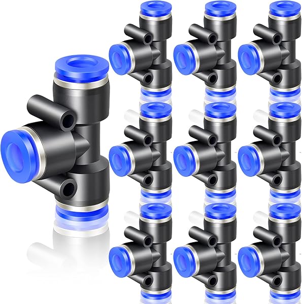 10 piezas azul de 10 mm de diámetro exterior en T de 3 vías empujar para conectar neumáticos accesorios (PE-10) - 1