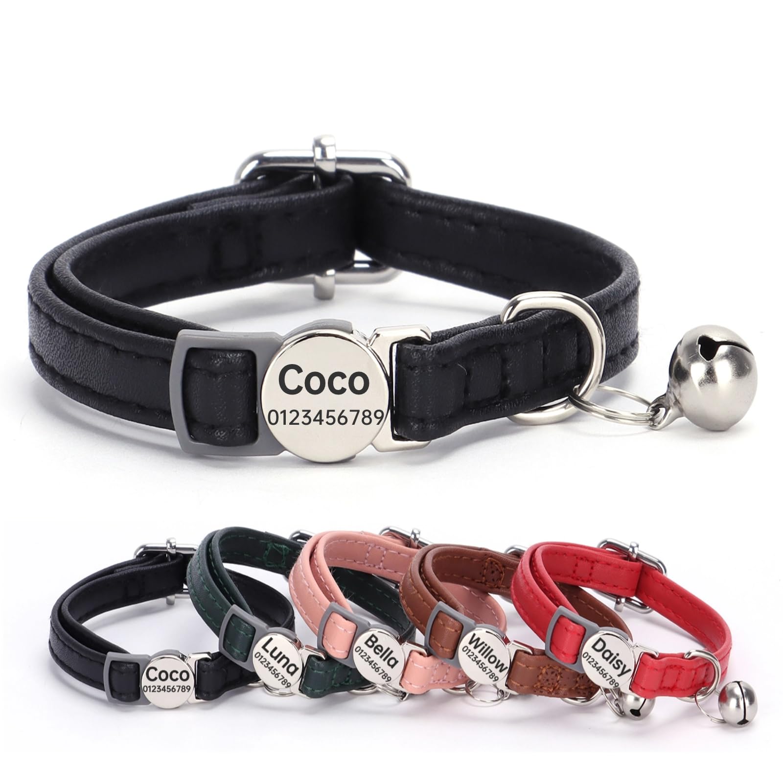 SEOUGEE Genuine Leather Cat Collar Quick Release with Personalised Name Tag, breakaway Kitten Collars with Removable Bells & Safety Release, Engraved buckle, 19-30 CM Adjustable, Jet Black