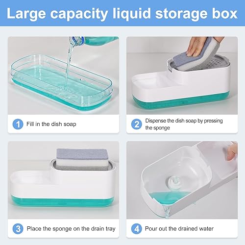 Miniatura 10 de Dispensador de jabón para platos de 10 onzas para fregadero de cocina con soporte de esponja, dispensador de jabón de cocina de calidad premium,