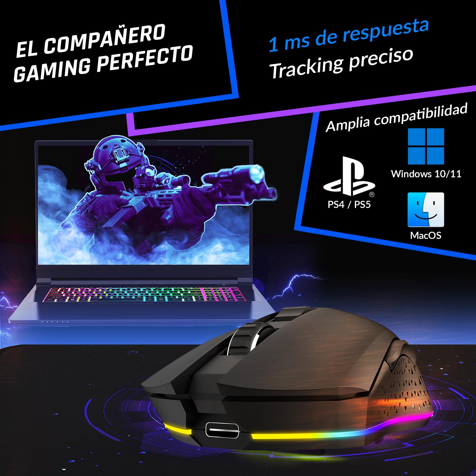 KLIM Blaze Ratón Gaming Inalámbrico RGB Recargable, hasta 10000 dpi | Botones Probados para 20 Millones de Clics, Laterales Antideslizantes Adaptables a Cualquier Agarre, Negro