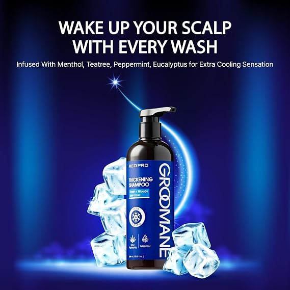 RED Pro GROOMANE Men Biotin Shampoo for Thinning Hair, Clarifying Anti-Dandruff Scalp Care with Caffeine, Menthol & Tea Tree, Strengthens Roots, Promotes Thicker-Looking Hair, Sulfate-Free
