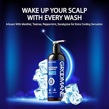 RED Pro GROOMANE Men Biotin Shampoo for Thinning Hair, Clarifying Anti-Dandruff Scalp Care with Caffeine, Menthol & Tea Tree, Strengthens Roots, Promotes Thicker-Looking Hair, Sulfate-Free