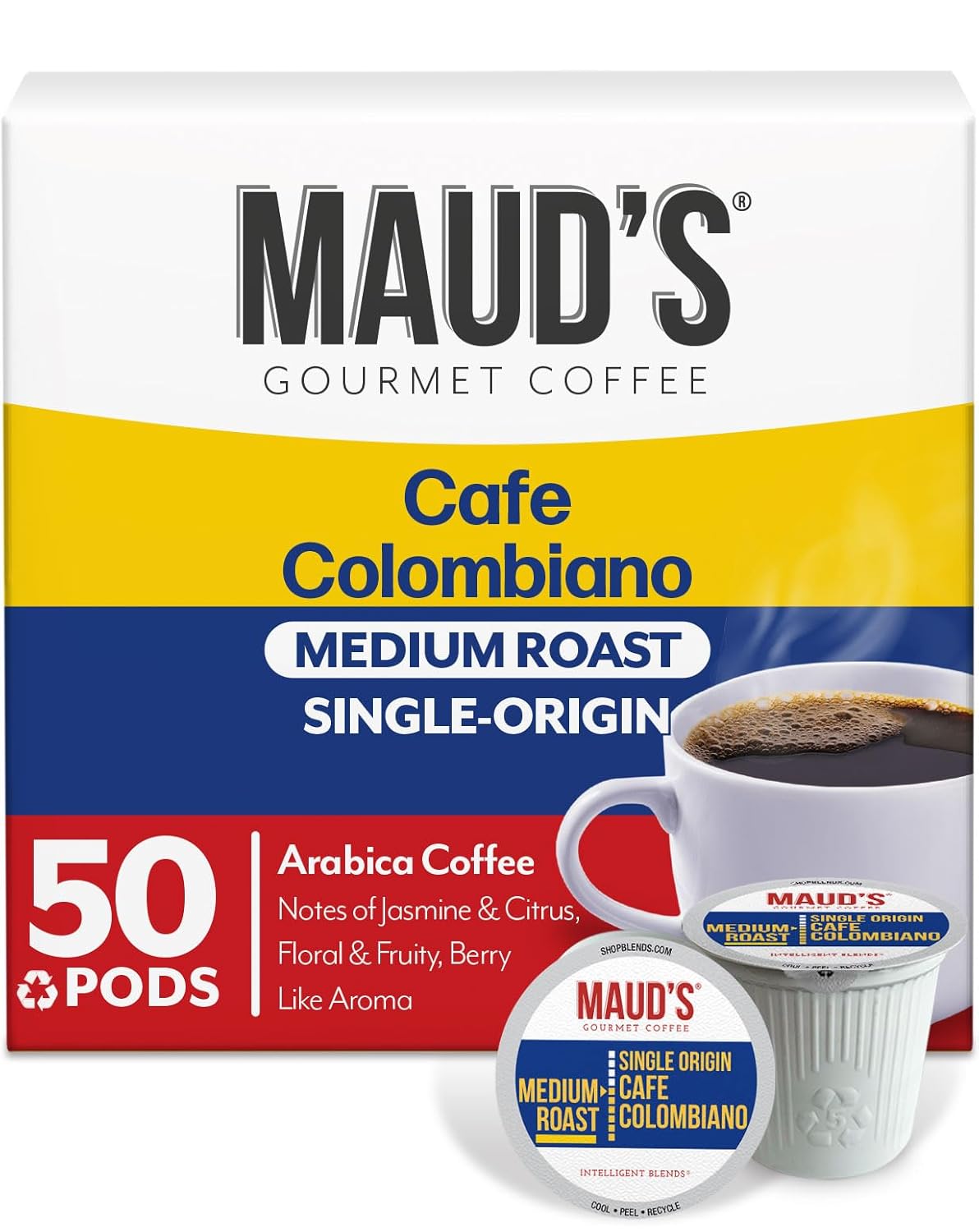 Maud's Columbian Coffee Pods, 50 ct, Single Origin, Medium Roast Coffee in Recyclable Single Serve Pods  100% Arabica Coffee, Compatible with Keurig K Cups Maker