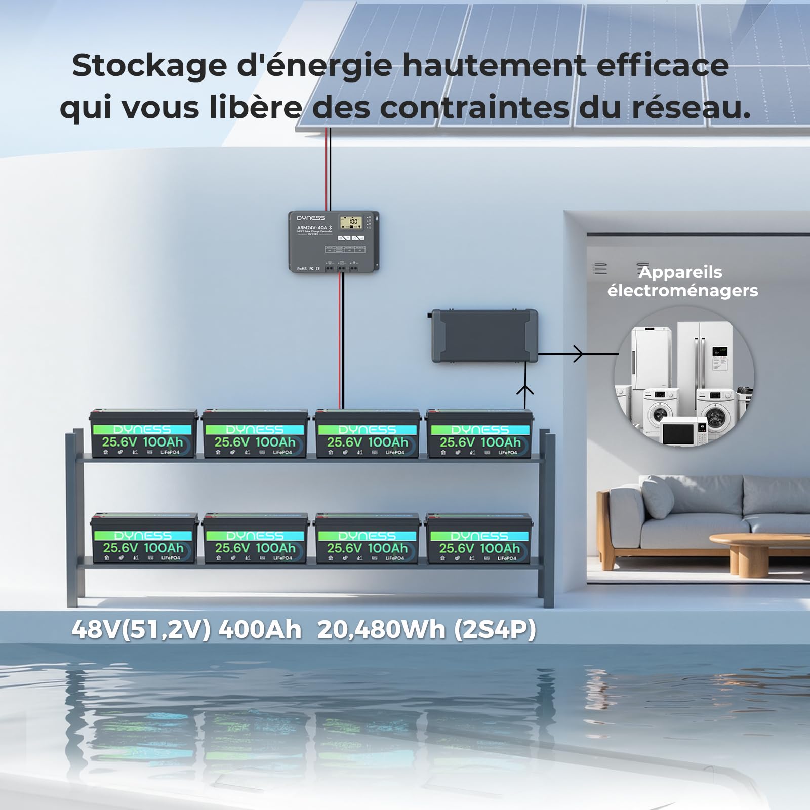 Dyness Batterie Lithium 24V 100Ah LiFePO4 avec BMS intégré 100A et Protection Basses Températures, Batterie Lithium à Décharge Lente pour Camping Car, Panneau Solaire, Bateaux Bass, Hors-Réseau