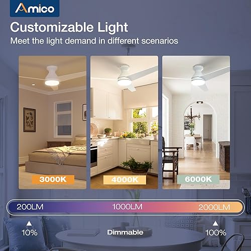 Miniatura 84 de Amico Ventiladores de techo con luces, perfil bajo, control remoto, montaje empotrado, reversible, 3CCT, regulable, silencioso, para dormitorio, uso
