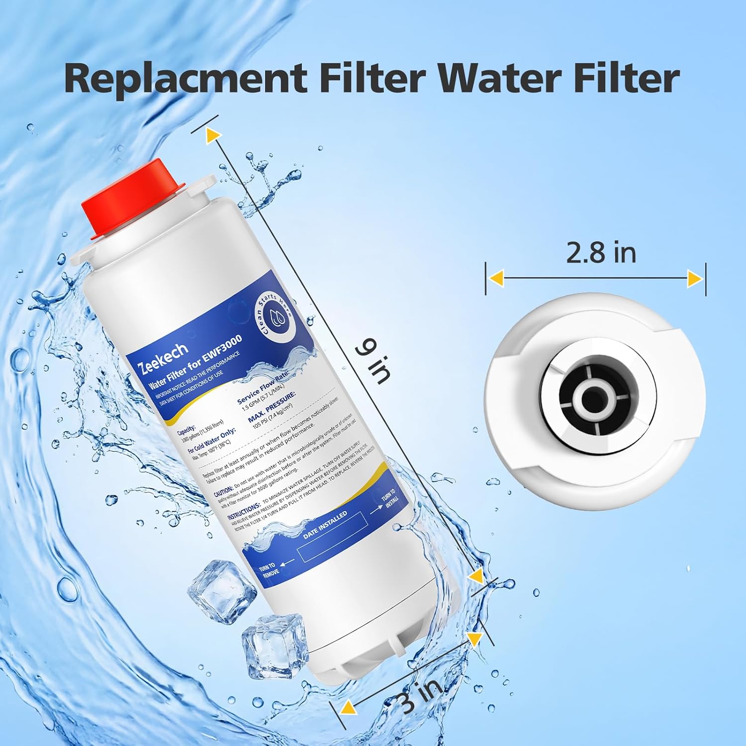Water Replacement Filter Compatible with Elkay 51300C EWF3000, and EZH2O Bottle Filling Stations, Pre-Installed Smart Chip for EWF3000, ERF750, 51299C, 55898C, 3000 Gallon Capacity, 1 Pack