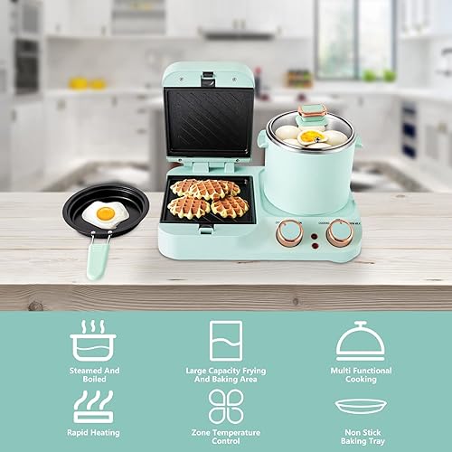 Miniatura 9 de Estación de desayuno 3 en 1, máquina de desayuno retro para el hogar, mini tostadora eléctrica, máquina de desayuno con sartén, vaporizador de