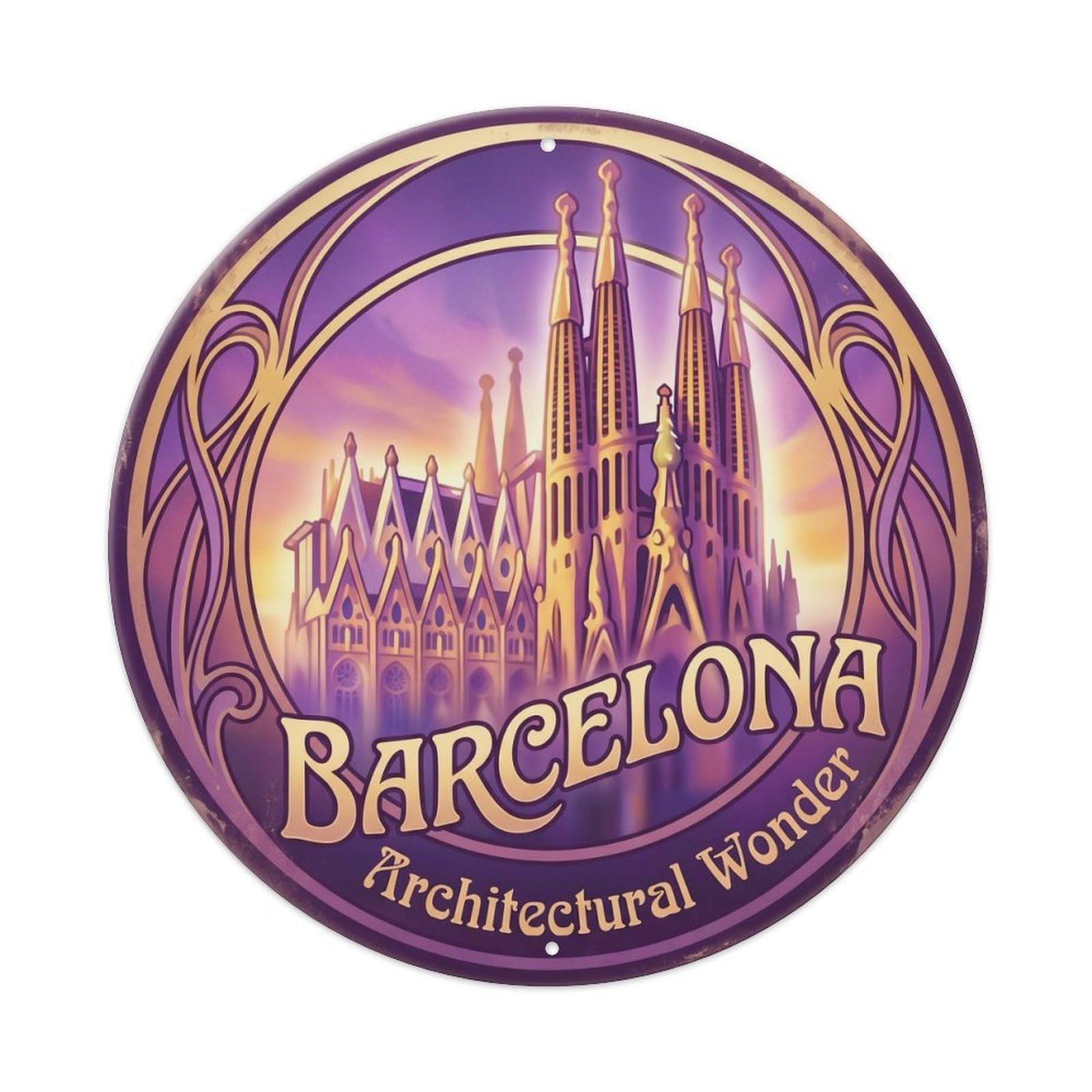 Vintage Travel Barcelona Cathedral Spain Artwork Metal Tin Sign Plaque Wall Decor for Cafe, Club, Garden Round Metal Poster 8x8Inch