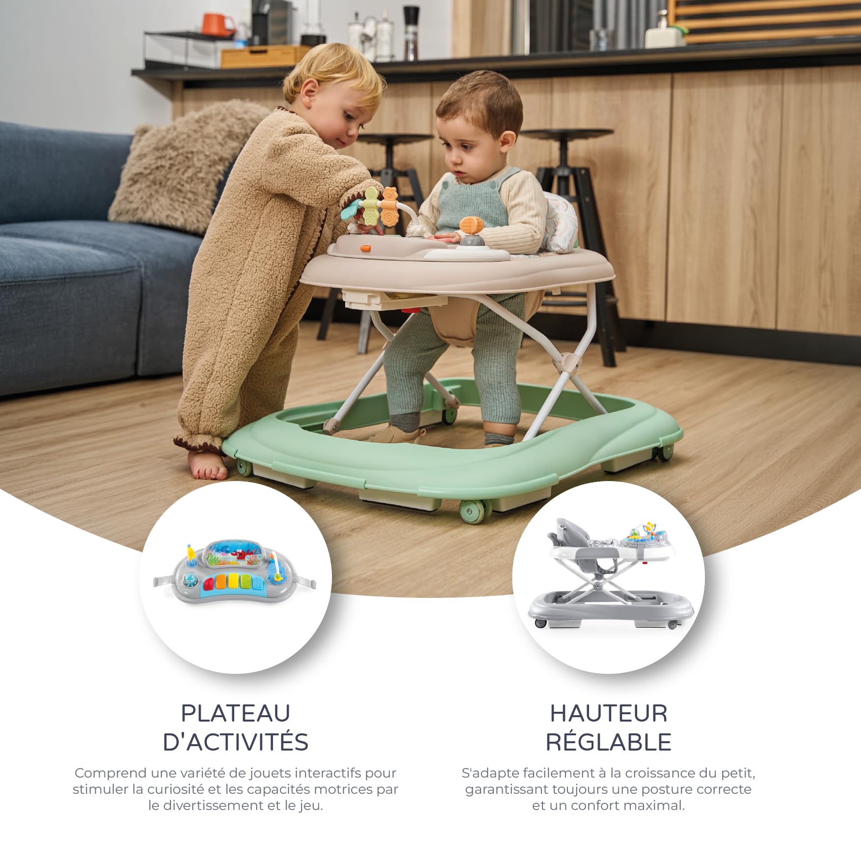 MS BabyWorld - Trotteur BASIC PLUS - Trotteur pour bébé avec plateau de jeux interactif avec sons | Base anti-basculement | Déambulateur roues en silicone et 3 positions de hauteur (Gris)