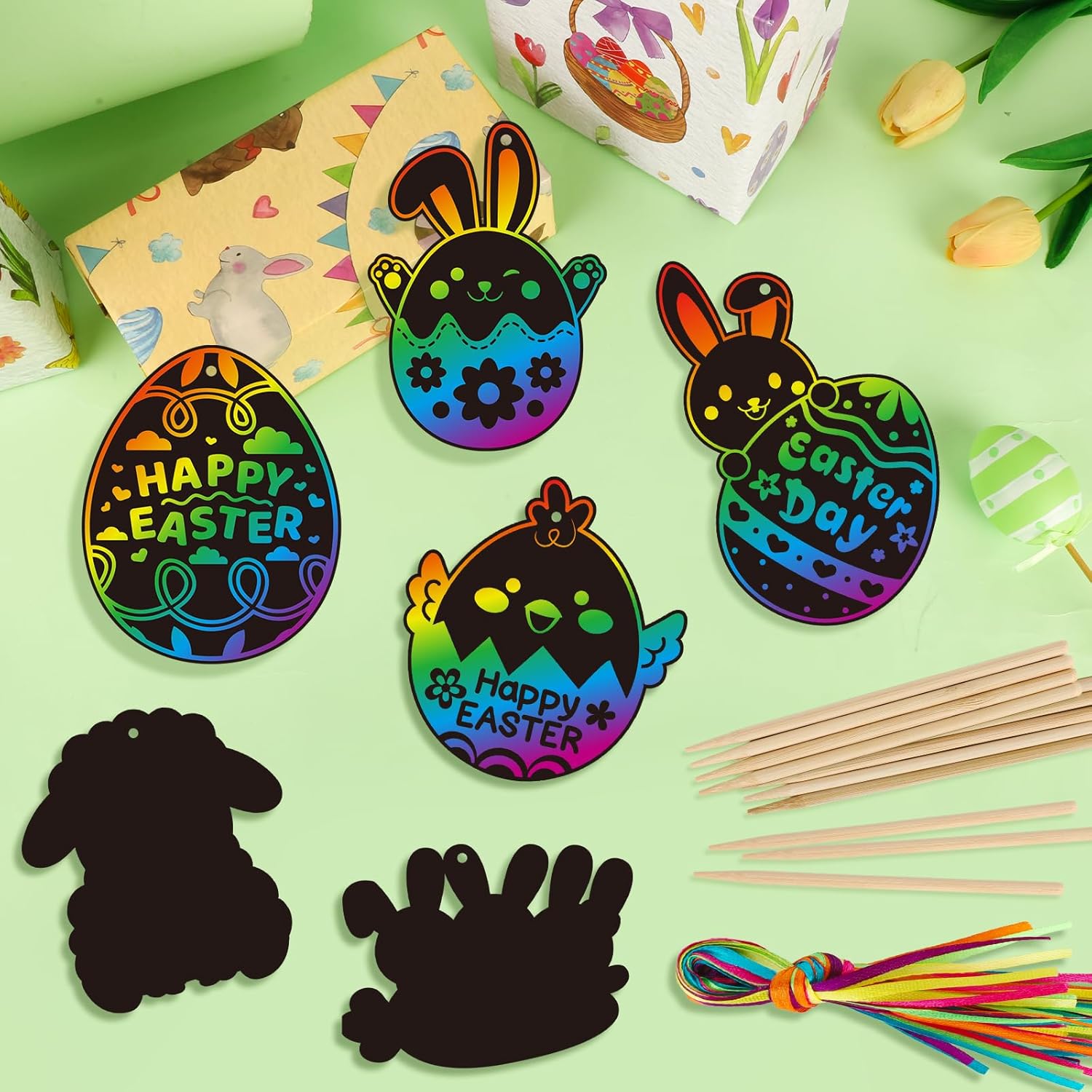 Konsait 36 PCS Easter Scratch Paper, Bunny Eggs Scratch Art Cards for Kids Rainbow Scratch Paper with Wooden Styluses Ribbons Easter Party Decor Favors Crafts Activities
