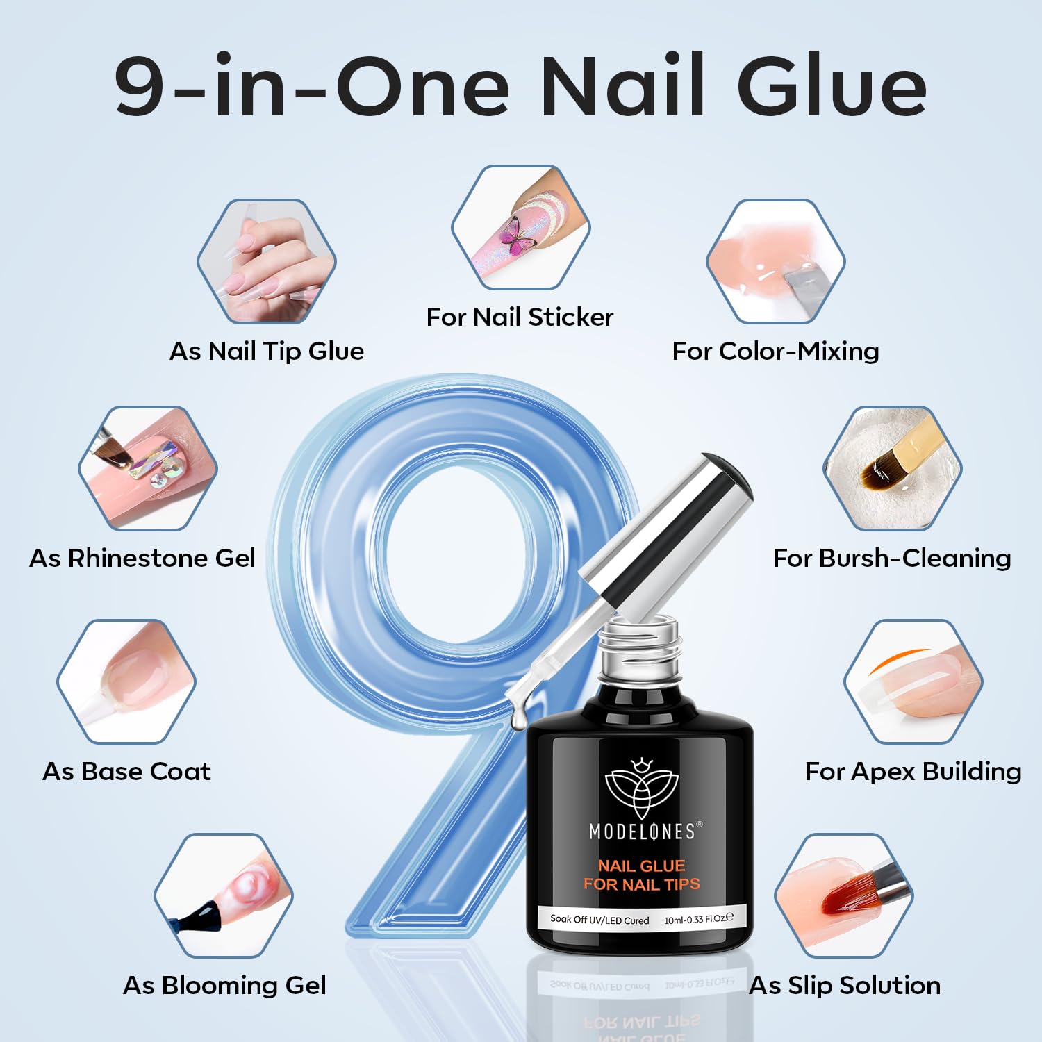 modelones X Nail Gel Kit Extra Short Almond, 9-in-One Nail Glue UV Light image 4