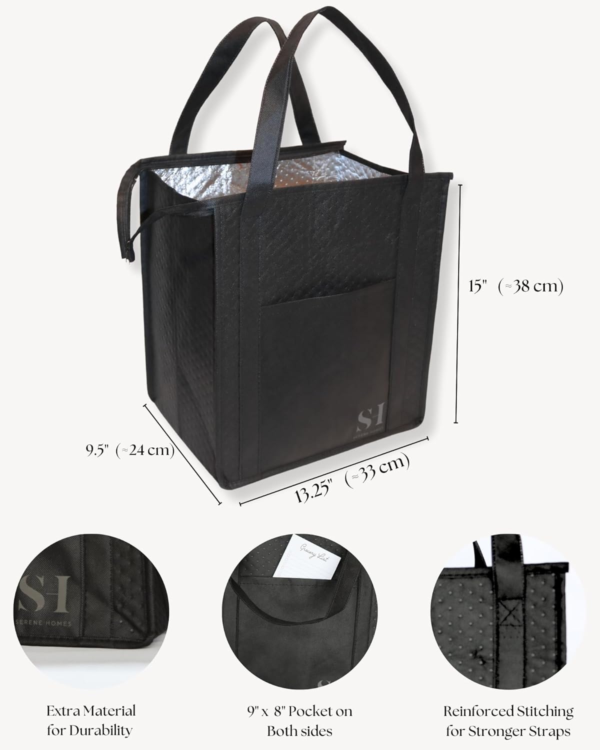 Black Insulated Grocery Bags, 4 Pack Reusable Shopping Bags with Zippered Top for Groceries & Food Delivery - Image 3