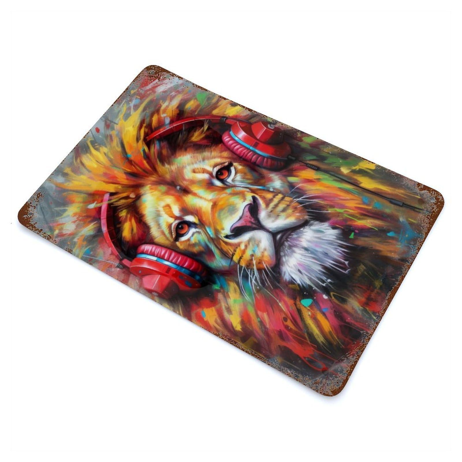 Lion with Headphones Aged Metal Wall Plaque 11.8"x7.9", Old School Wall Decor for Garage, Bar And Workshop Decor