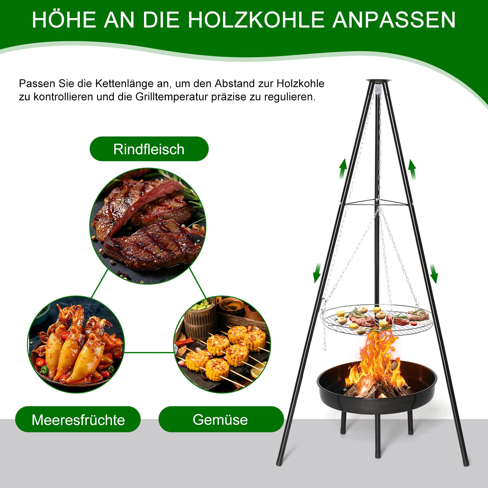 LEADZM Schwenkgrill - Dreibein für Feuerschale inkl. 48 cm Grillrost - Dreibein grill - Höhenverstellbar, große Grillfläche - Outdoor, BBQ, Camping - Schwarz