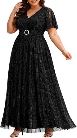 Plus Size Formal Dresses - Evening Gown Sparkly Sequin Glitter Prom Gala Ball Wedding Guest Maxi Dress with Short Sleeve