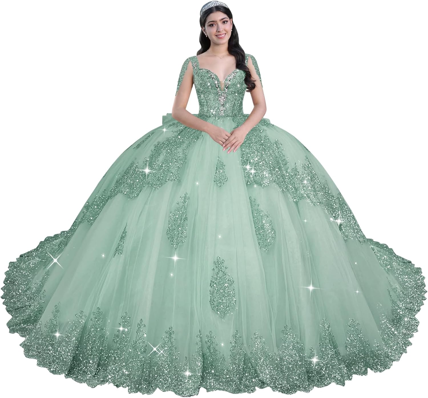 Youjiayi Sequin Appliques Quinceanera Dresses with Bow Spaghetti Straps Sweet 16 Dress with Train Rhinestone Lace 15 Dress
