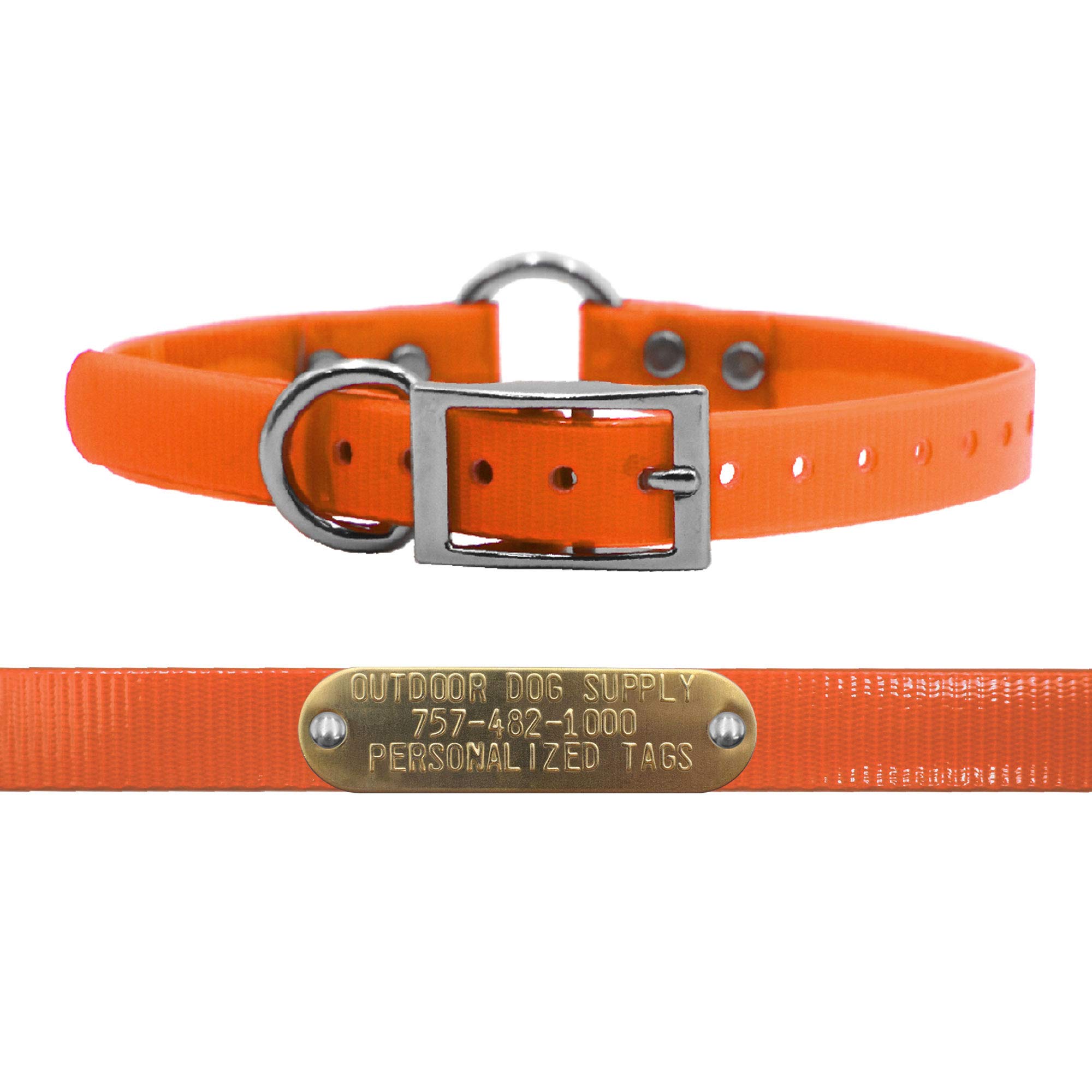 Outdoor Dog Supply 3/4" Wide 18" Long Orange Waterproof Center Ring Dog Collar with Custom 3/4" Tag - Durable, Odor-Resistant, Adjustable fit for